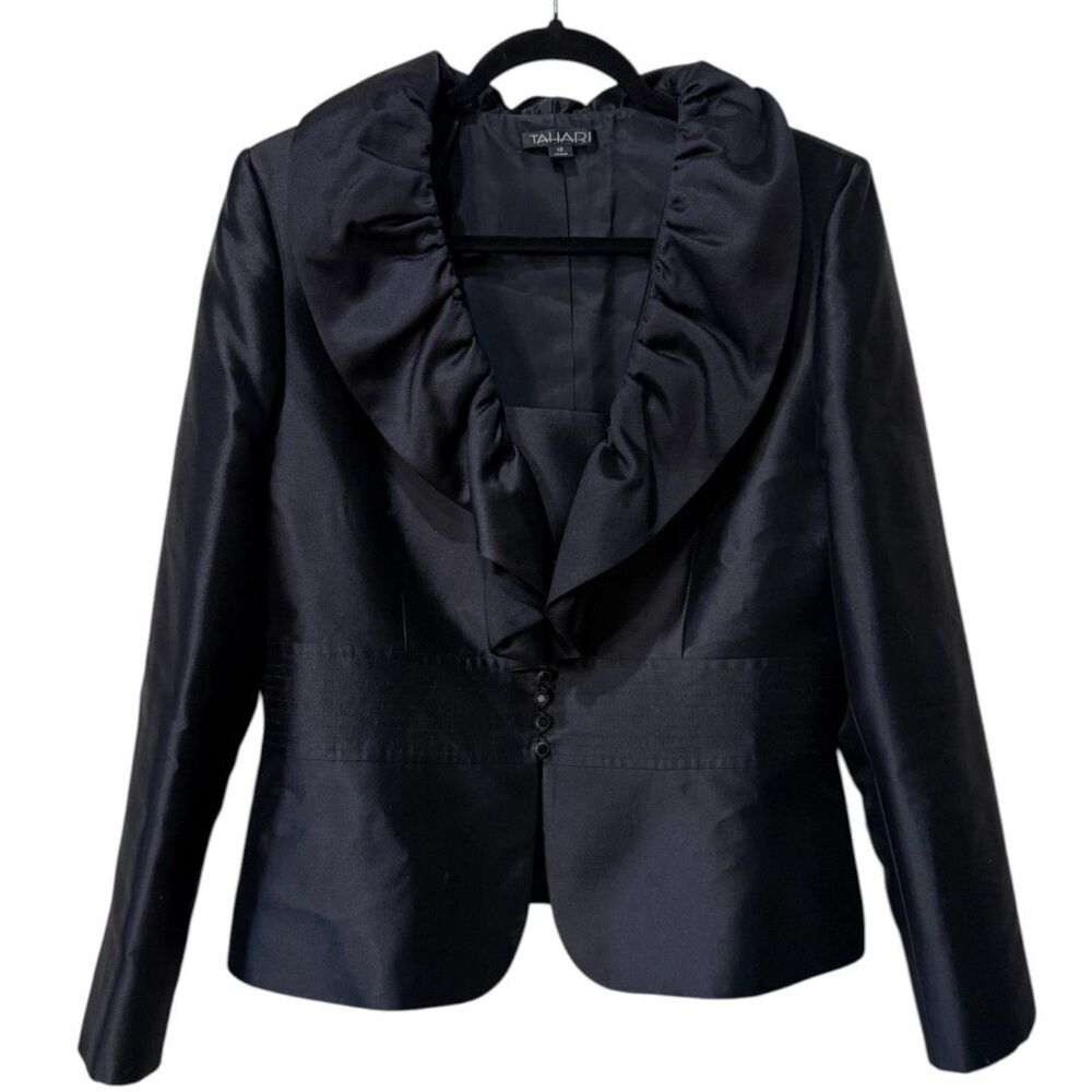 Tahari Ruffle Collar Blazer Jacket Silk Blend Career Formal Black Size 12